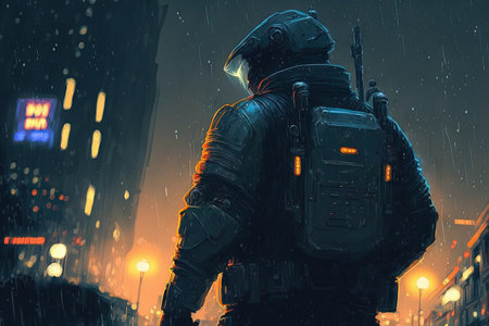 The mechanical armed man surveying the metropolis at night during a downpour digital art style illustration paintingの素材