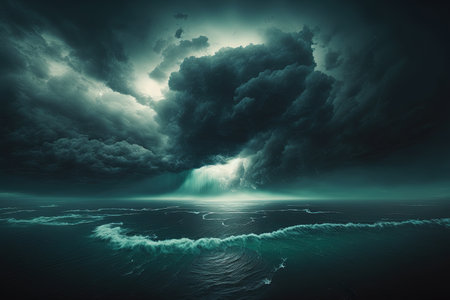 aerial shots of rain clouds over the ocean and sea On a cloudy day there are black clouds above the water. angle perspective of the natural world. Apocalypse. Storm Over a peaceful sea there are heaの素材