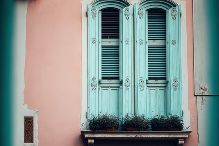 Wooden window shutters against a wall painted in a soft pink tone. The front of an apartment building has shuttered windows in a light blue European style with decorative framesの素材