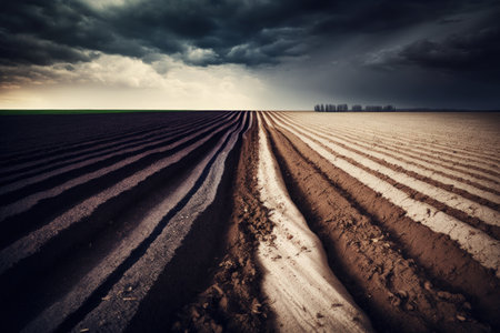 Plowed agricultural field under dramatic sky tractor tracks soil texture close up. Rural scene. Farm and food industry alternative energy and production environmental conservation themeの素材