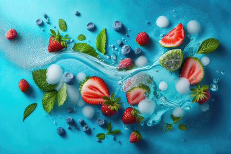 Mojito lemonade and smoothie fixings. Blue background with water droplets frozen strawberries and fresh mint. Supplies of fruits and berries to last through the cold season. Extreme close up of frの素材
