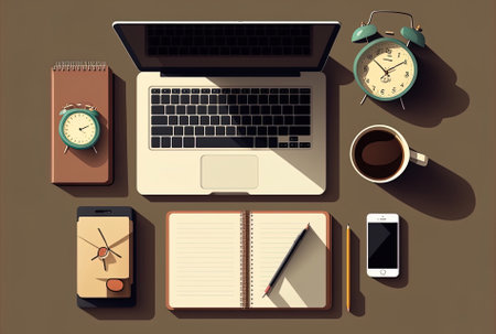 With a copy space background a creative flat lay depicts a workplace desk with a laptop an alarm clock a blank notepad a smartphone and stationeryの素材
