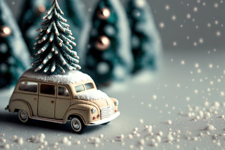 Over a background of fake snow a close up of a little antique toy vehicle with a Christmas tree on its roofの素材