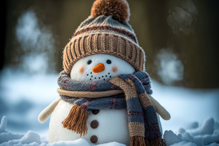 The snowman is sporting a fur hat and scarf for the holidays. Snowman with hat and scarf in winter outsideの素材