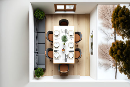 Top view of a light dining room interior with a six person dining table a picture window a white wall and an oak wooden hardwood floor. minimalist design principleの素材