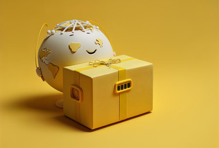 On a yellow backdrop a contemporary white washing machine figure mascot holds a present package with an earth globeの素材