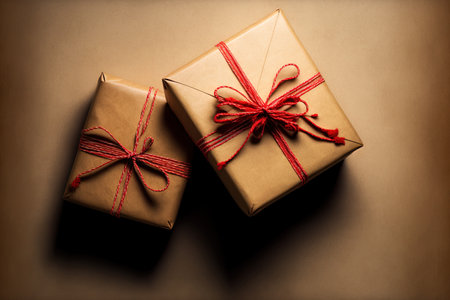 a top view Christmas gifts both large and tiny wrapped in brown paper and fastened with red ribbon. A clear space is also shownの素材