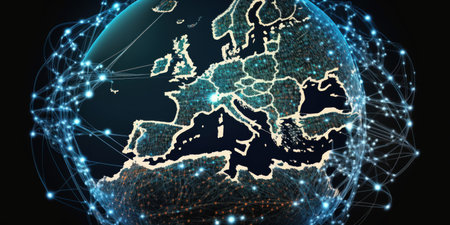 With a focus on Europe the global communication network concept network dots surround the world. exchange of information using satellitesの素材