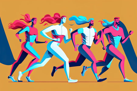 Run a marathon. Men and women in tracksuits running. Sportsmen in Colored Isolated Modern Characters. Illustration of a flat cartoonの素材