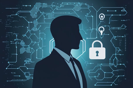 data security and privacy a network of cybersecurity individuals private information is protected by this businessman a padlock symbol and a connection to the internetの素材