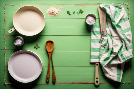 White wooden table covered with green tablecloth and cooking utensils. View from top. Empty tablecloth for product montage. Free space for your textの素材