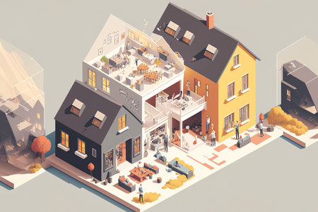 Real estate market expansion presentation of a home exchange of living space real estate business idea with houses and house for an apartmentの素材