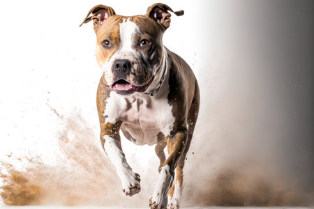 adorable active pet. Running American Staffordshire Terrier in studio image against white backdrop. idea of motion beauty breed activity love for pets and animal life. Advertising copy spaceの素材