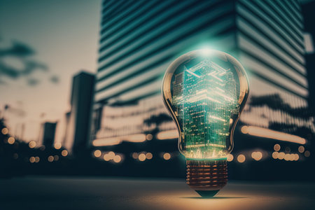 Virtual creative light bulb with chip hologram on blurry office buildings background artificial Intelligence and neural networks concept. Multiexposureの素材