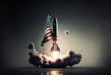 Supersonic missile intercepted by the USA antirocket destroys enemy concept and military industrial image with flagの素材
