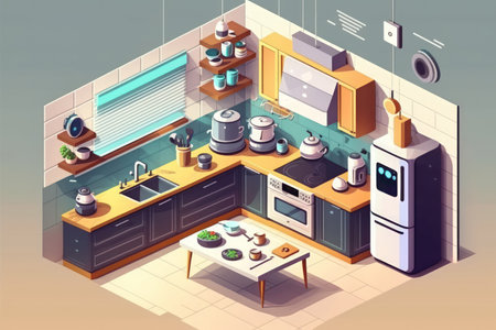 Voice recognition artificial intelligence the internet of things and home advisor are all examples. Kitchen background with blurred technology iconsの素材