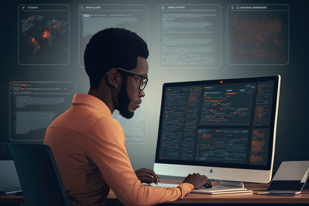 Portrait of an African American programmer parsing code on multiple screens while using a laptop at a desk. view from behind of an app developer focusing on the user interfaceの素材