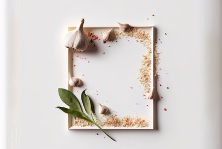 With copy space for text or graphics a little piece of minced garlic is isolated on a white backdrop. herbs & spices. Concept of food cooking restaurant and packaging. frame design close up andの素材