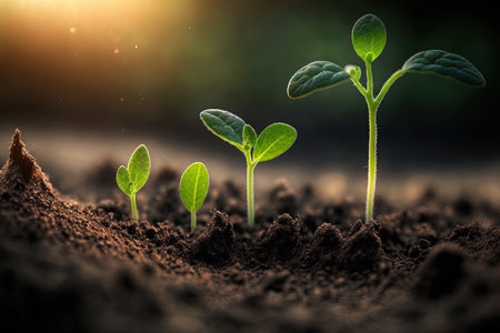 The seedlings are grown in rich soil under the early morning light. Concept of ecology and ecological equilibriumの素材