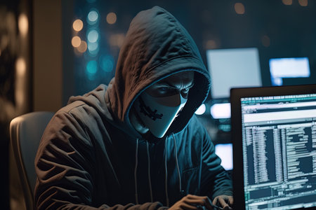 masked criminal hacking computer server at night working on laptop and multiple monitors to steal it information. hacker with hidden identity acting dangerous cloud computing. handheld shotの素材