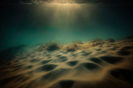 Underwater image of a shallow sea bottom with the sun beaming and light reflecting off of sand dunes. abstract oceanic backdropの素材