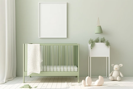 Poster frame in a babys nursery basic decor with a crib painted a soft green a wooden table and two empty canvases against a white wall illustrationの素材