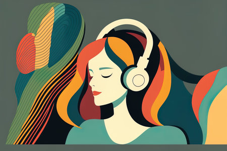 Young woman using headphones while listening to music the radio a podcast or an audiobook Music enthusiast and meloman. Woman listening to her favorite music. featuring a female figure in a flat veの素材
