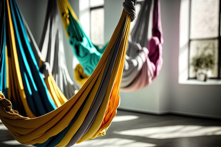 Sports hanging cloth hammocks for stretching aerial yoga and meditation. the idea of aerial yoga with anti gravity. gymnastics equipment for the air. excellent photographの素材