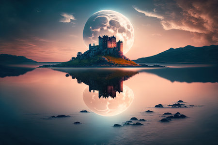 awe inspiring moonscape Wonderland setting Against the setting sun a lovely island with an old castle is mirrored in the seaの素材