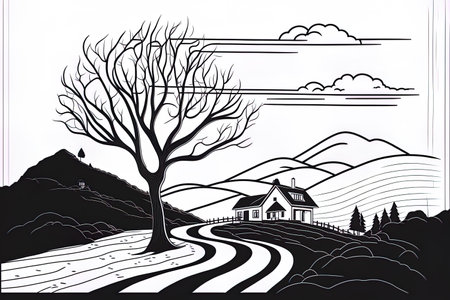 continuous one line painting of a rural area. A hand drawn silhouette of a road home trees and hills. drawing of a rural landscape in natureの素材