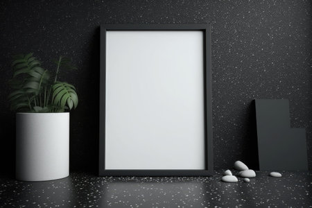 Vertical Blanked black frame on terrazzo floor leaning against dark gray wall. Mock-up and template for painting drawing photography and design. interior embellishment structure and galleryの素材