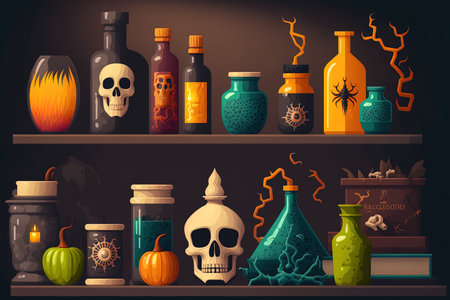 shelves with a Halloween theme and alchemical equipment witcher workplace scary room with a skull spiderweb bottle of poison candlesの素材