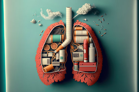 World No Tobacco Day and the idea of quitting smoking with a cigarette and a lung. combining paper collage with digital craftの素材