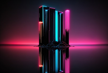 futuristic abstraction of blue and pink neon light with a reflection of the light in the water on a black backdrop. empty neon stage with moving lightsの素材