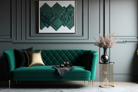 opulent gray and green living room. Grey interiors with light mint teal furnishings and a turquoise sofa. Space for a piece of art or a photograph. Beautiful interior design. Room or lounge mockupの素材