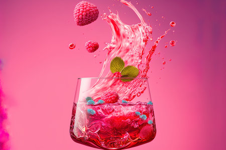 female support hand Flying glass of raspberry beverage with splash and raspberry juice within. raspberry lime and rosemary flavored cocktail food idea for the summer on a pink backdropの素材