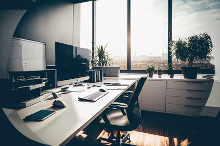 expansive vista. An empty desk can be seen within a modern office. work and the workplace. Interior of a corporate building that is tidyの素材