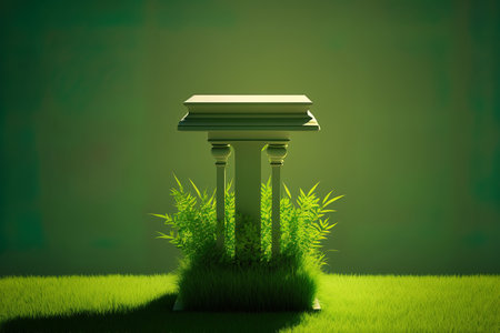 a natural green grass background with a sun shadow and a podium in green. simple pedestal for nature attractiveness and cosmetic product display. Landscape banner template for the spring and summerの素材