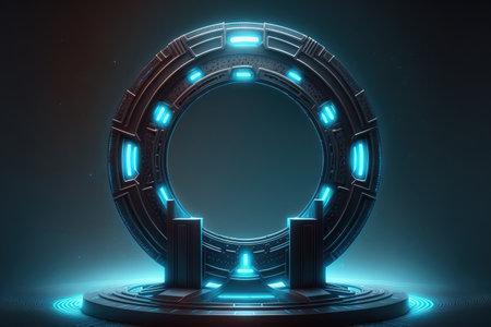 teleport podium in a circle. futuristic stage for portal science. digital high tech sci fi in HUD projector. Fantasy game magic gate virtual reality iron with GUI and UI. opening to a another universeの素材