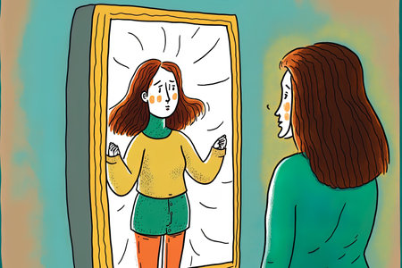 cuddling her own image in the mirror a young lady. Self acceptance self love and self care ideas. Hand drawn bright and humorous cartoon illustrationの素材
