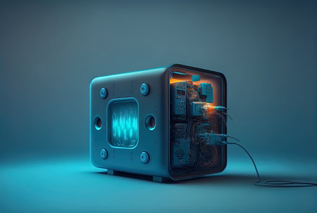 a battery charging an electric automobile on a blue background. power source for charging electric vehiclesの素材