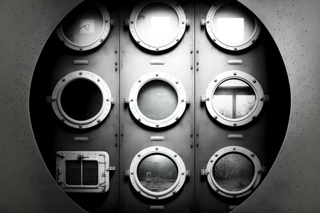 metal doors and portholes in a bunker lab or spacecraft. circular glass panes with a genuine steel frame rivets and secure doorの素材