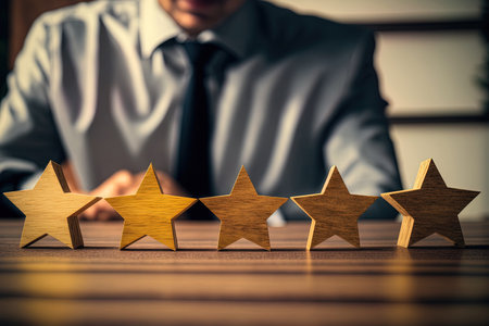 putting wooden five star shape on table. The best excellent business services rating customer experience conceptの素材