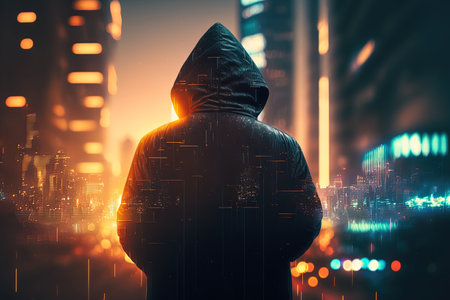 hacker with abstract glowing big data or metaverse hologram on blurry city background future and digital world concept double exposureの素材