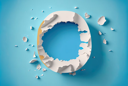 torn paper and a hole in a white piece of paper on a blue backdrop. ripped paper texture with a text filled copy spaceの素材