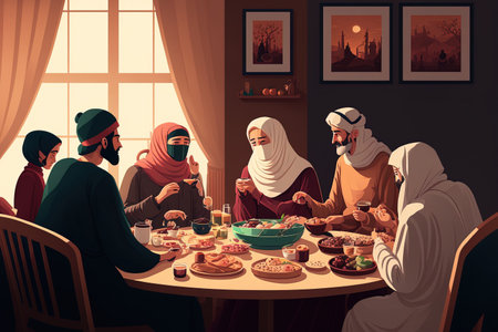 multiethnic Muslim household of today iftar supper at home with family and friends while enjoying a bowl of datesの素材