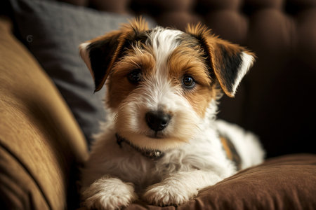 Photograph of a wire haired Jack Russell Terrier puppy in the dog bed at the age of four months. Small dog with a rough coat and amusing fur spots relaxing on a couch. Background copy space and closの素材