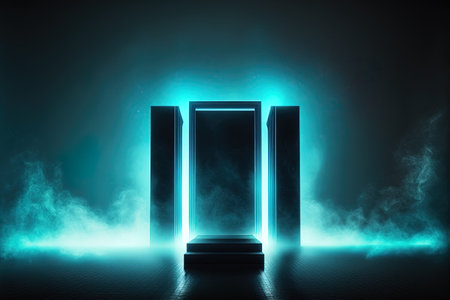 Smoke Dance on Stage Fluorescent Blue Neon Laser Neon Science Fiction Grunge Concrete Reflective Podium Corridor Illustration with Retro Light Tubes in the Futureの素材