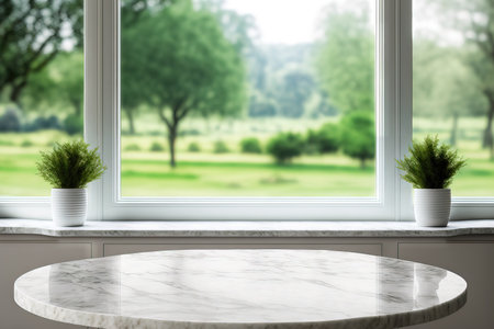 White stone marble table top with no objects on it and a hazy interior room with a window view of a green garden with trees in the background can be used to montage or display your itemsの素材