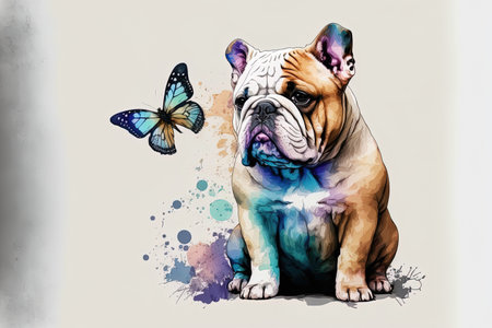 Bulldog. Wall decal. On a white backdrop paint a watercolor style image of a bulldog puppy holding a butterfly in the foreground. distinct layer electronic artの素材